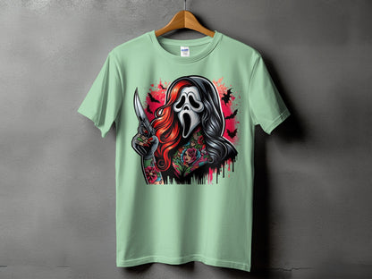 Light green t-shirt featuring Ghostface mask with tattoos and a knife.