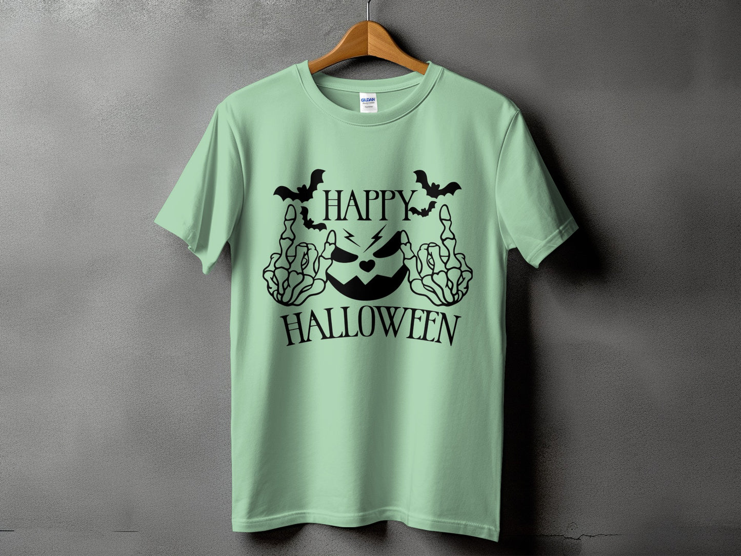 Light green t-shirt with "Happy Halloween" text and skeleton hands.