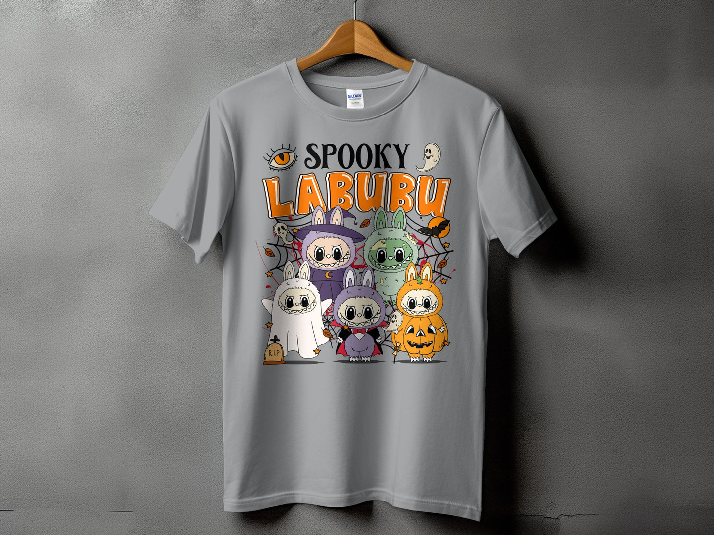 "Spooky Labubu" text with cartoon characters dressed as ghosts, vampires, and pumpkins.