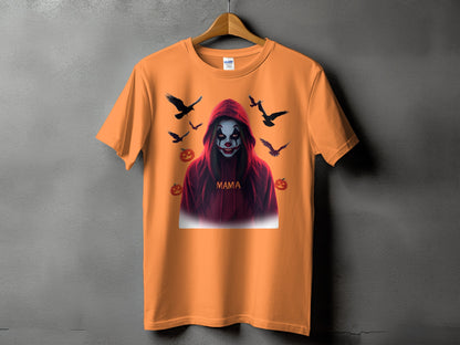 Orange t-shirt with a spooky clown graphic, crows, and pumpkins, and the word "Mama".