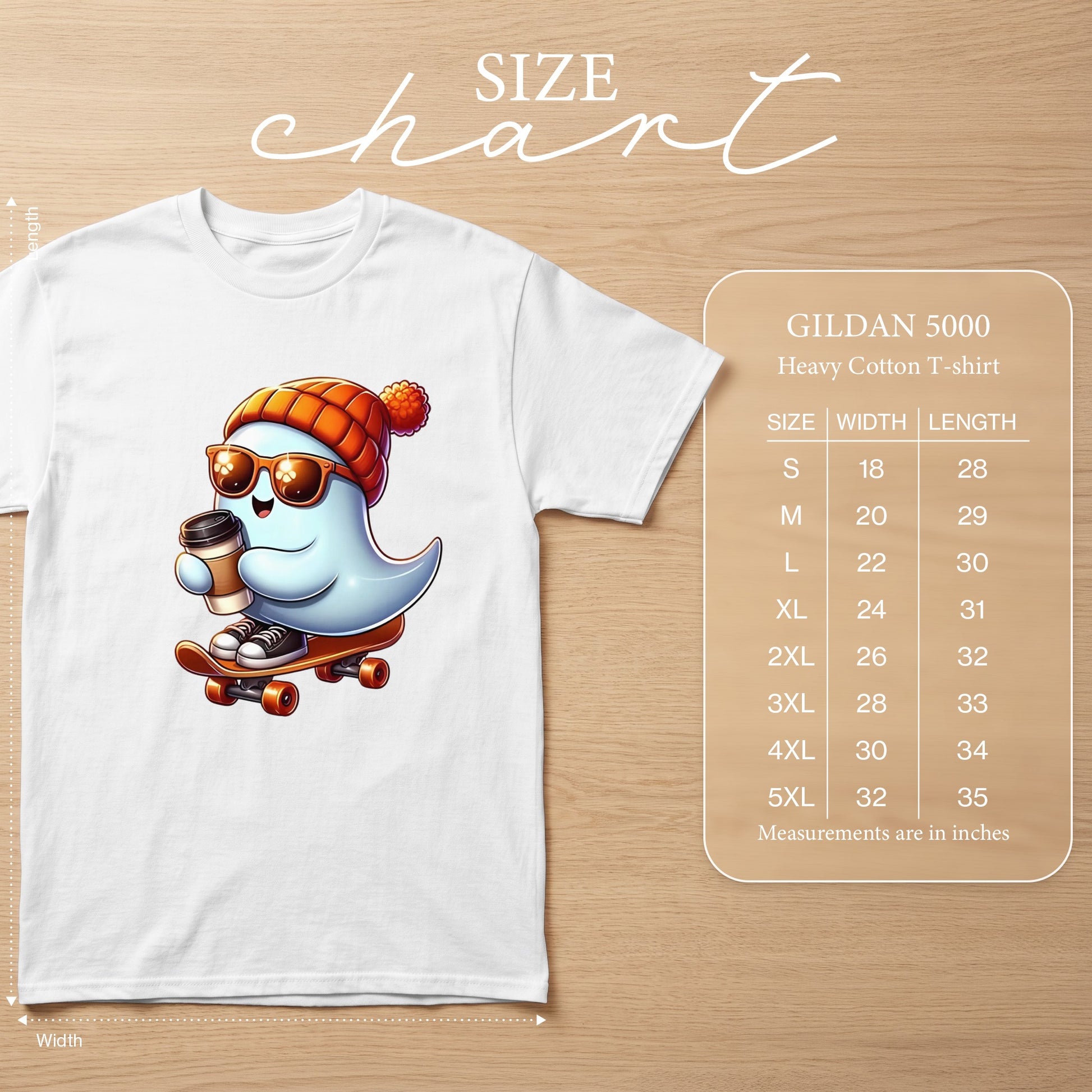 White Gildan 5000 t-shirt with a cute ghost graphic and size chart.