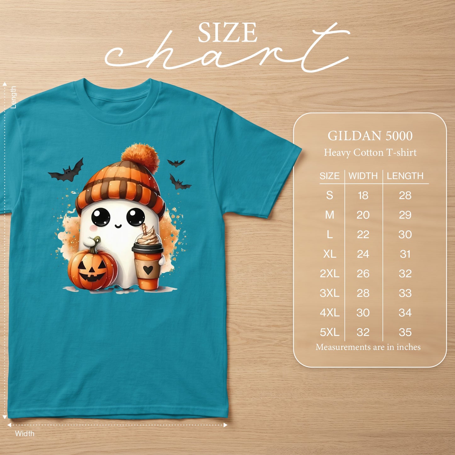 Teal Gildan 5000 heavy cotton t-shirt with a cute ghost design and size chart.