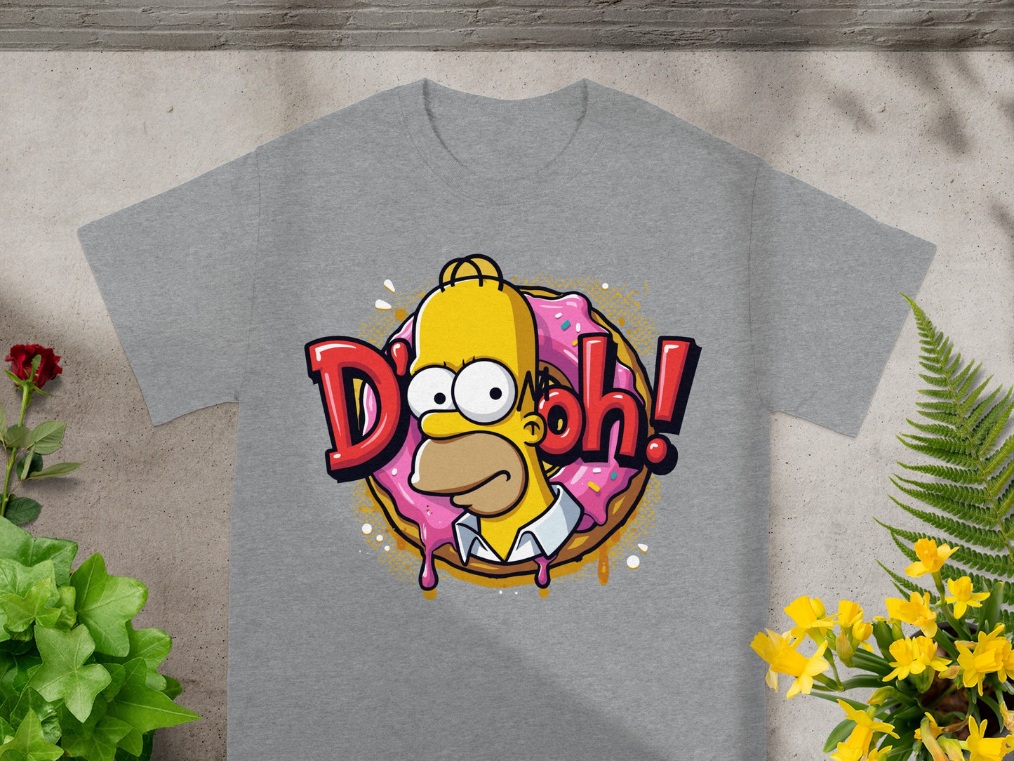 Homer Simpson saying "D'oh!" with a donut on a grey t-shirt.