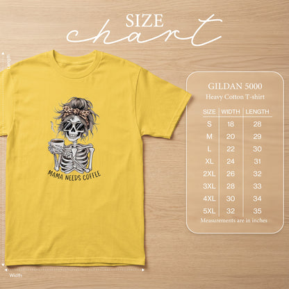 Yellow t-shirt with skeleton graphic and "Mama Needs Coffee" text. Size chart included.
