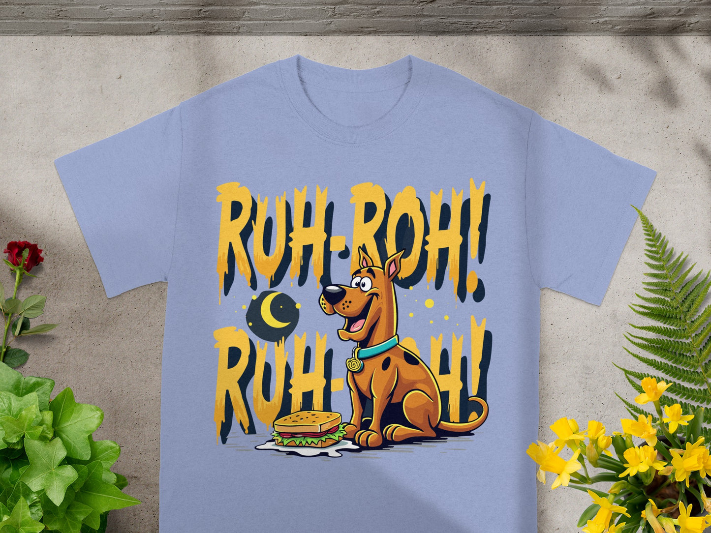 Scooby-Doo cartoon sitting by a sandwich with "Ruh-Roh!" text.