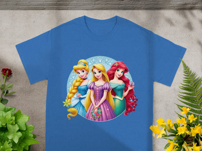 Blue t-shirt featuring Disney princesses Cinderella, Rapunzel, and Ariel in a circular design.
