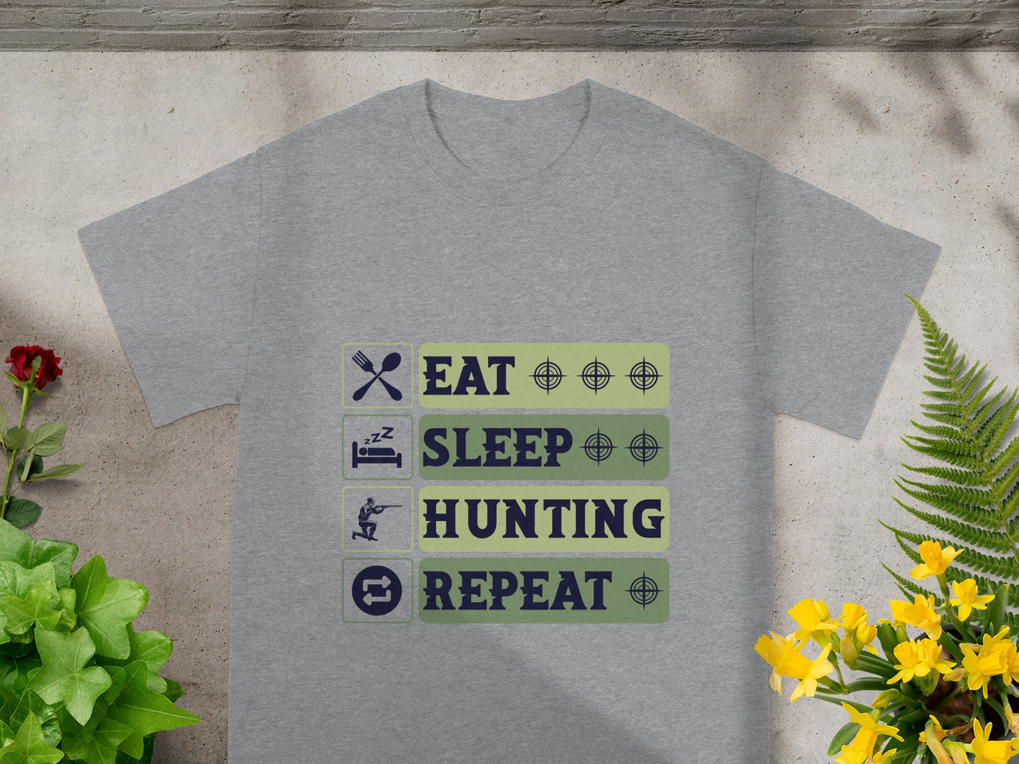 Grey t-shirt with "EAT SLEEP HUNTING REPEAT" text and icons.
