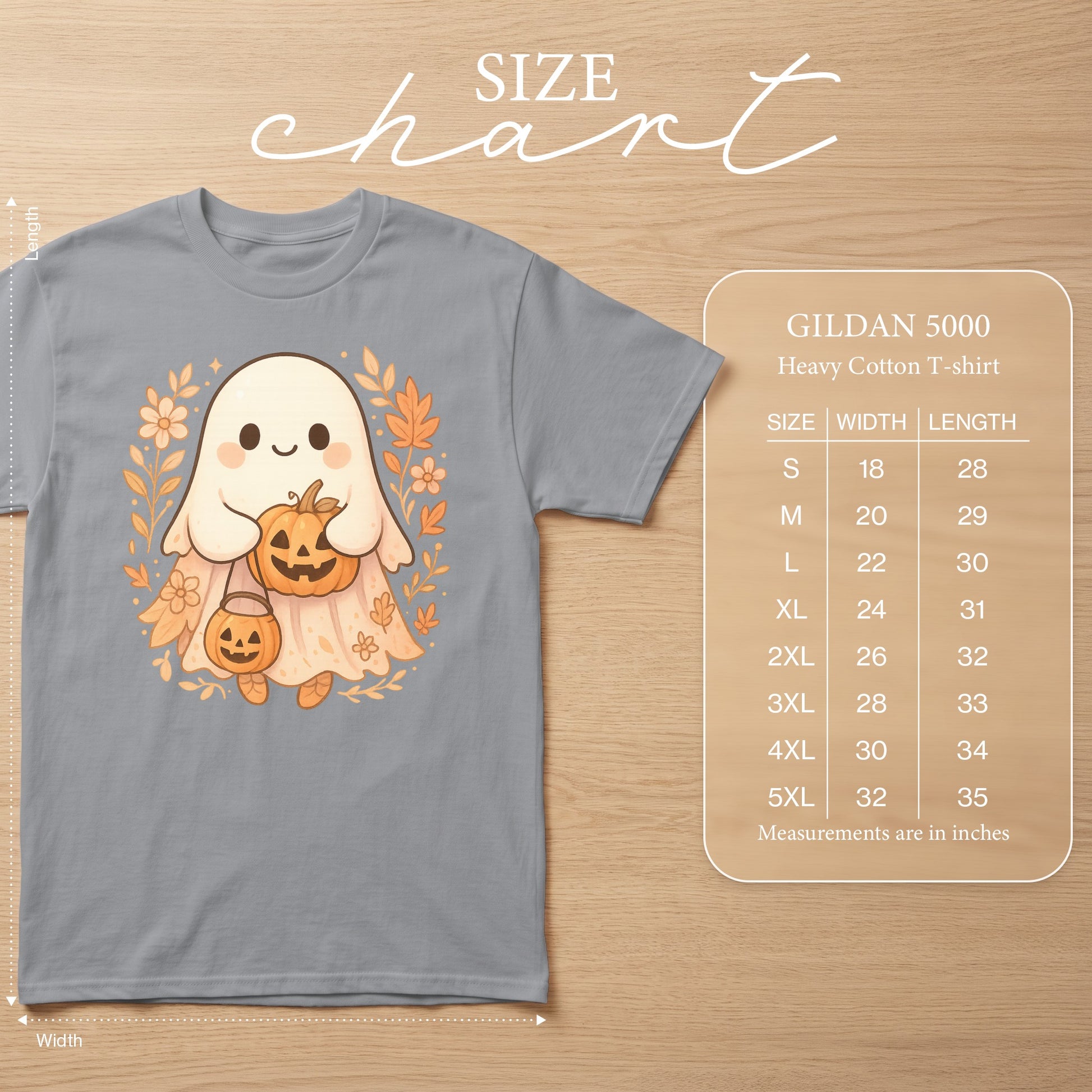 Gray t-shirt with ghost graphic and Gildan 5000 size chart.