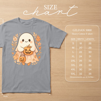 Gray t-shirt with ghost graphic and Gildan 5000 size chart.