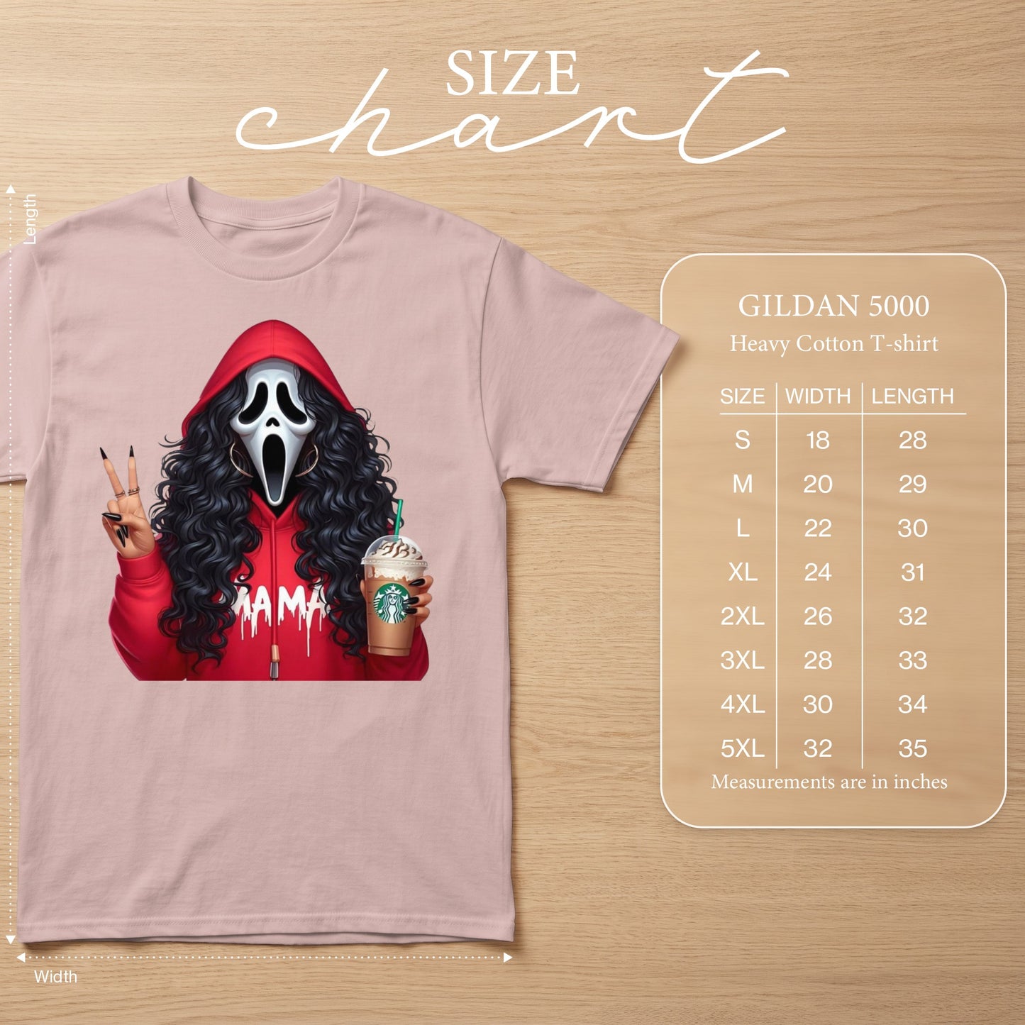 Ghostface graphic t-shirt with "MAMA" text, holding a coffee cup and peace sign.