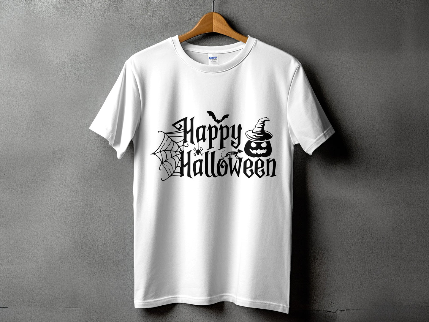 White t-shirt with black Halloween graphic featuring a pumpkin and text.