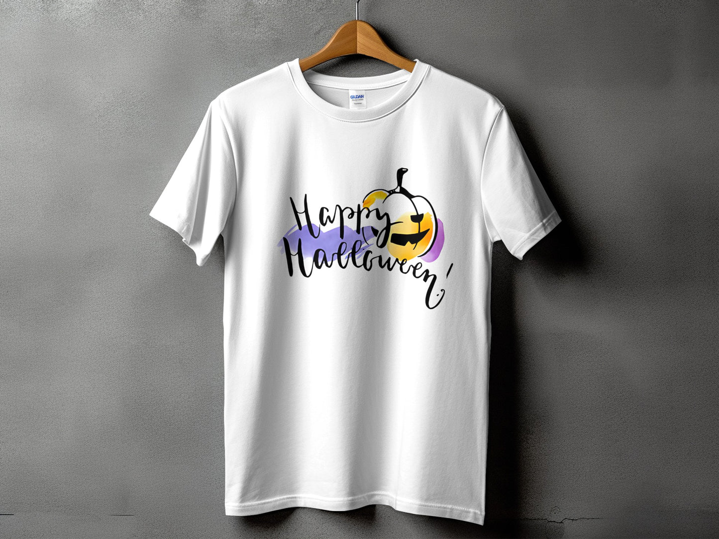 White t-shirt with "Happy Halloween" text and a jack-o'-lantern design.