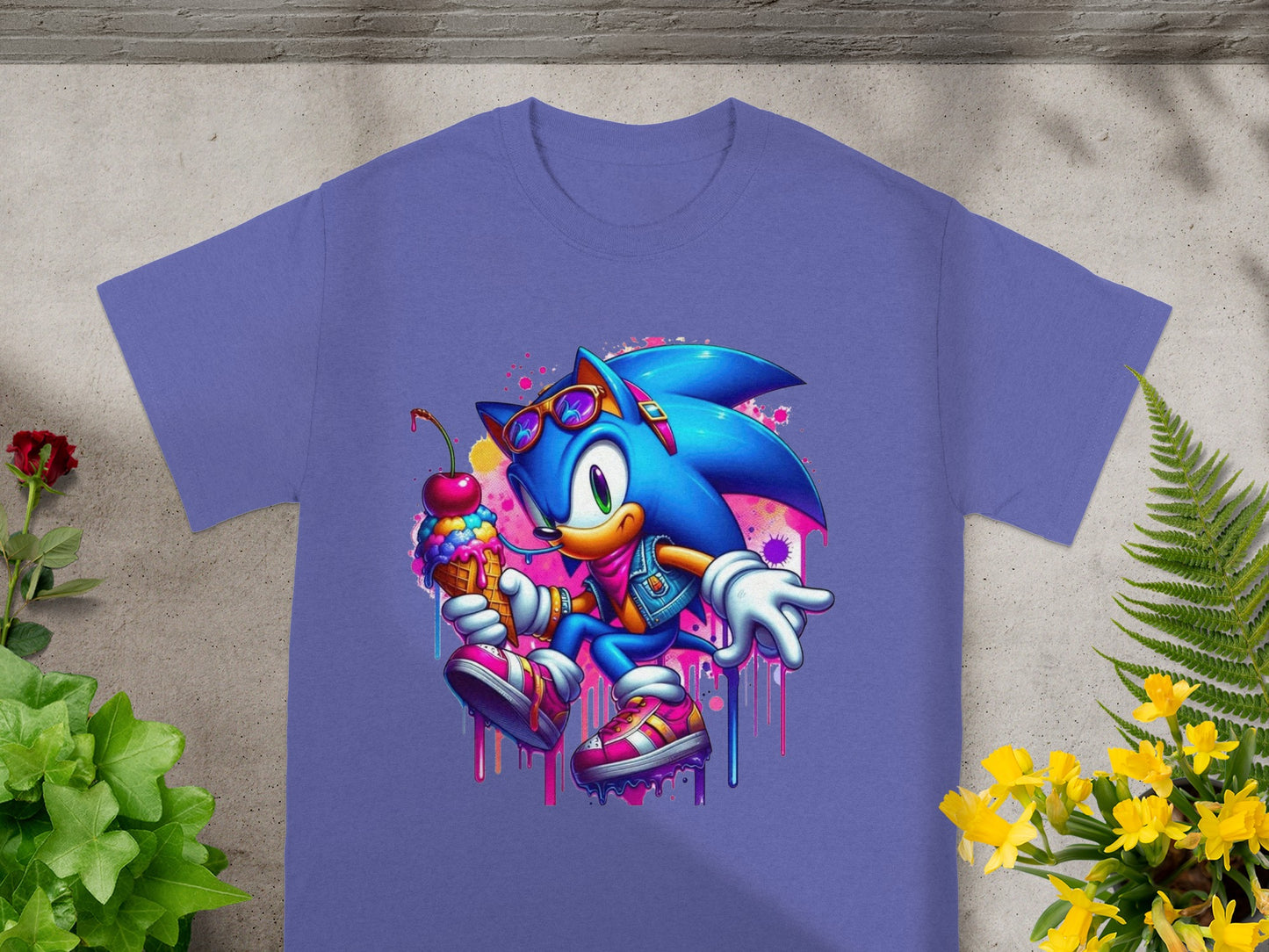 Sonic the Hedgehog wearing sunglasses and holding an ice cream cone.