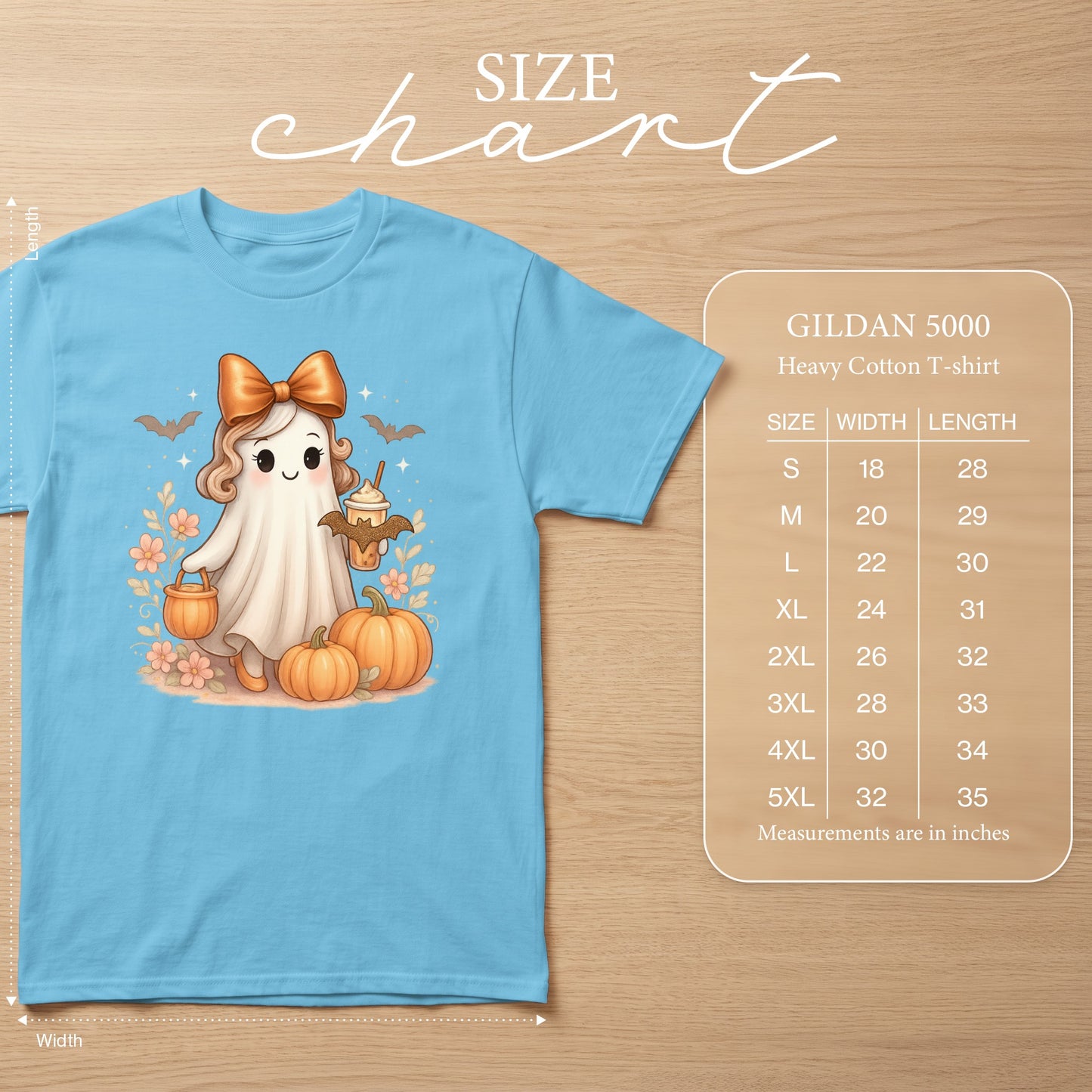 Light blue Gildan 5000 Heavy Cotton t-shirt with a cute ghost graphic and size chart.