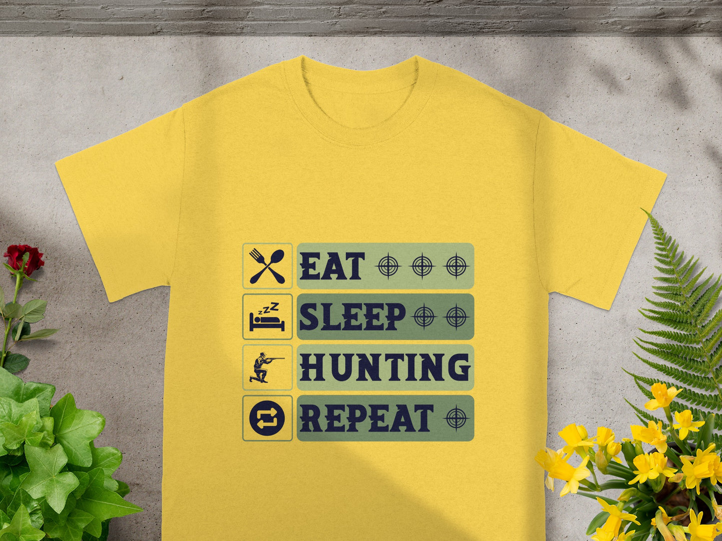 Yellow t-shirt with "Eat Sleep Hunting Repeat" graphic and icons.