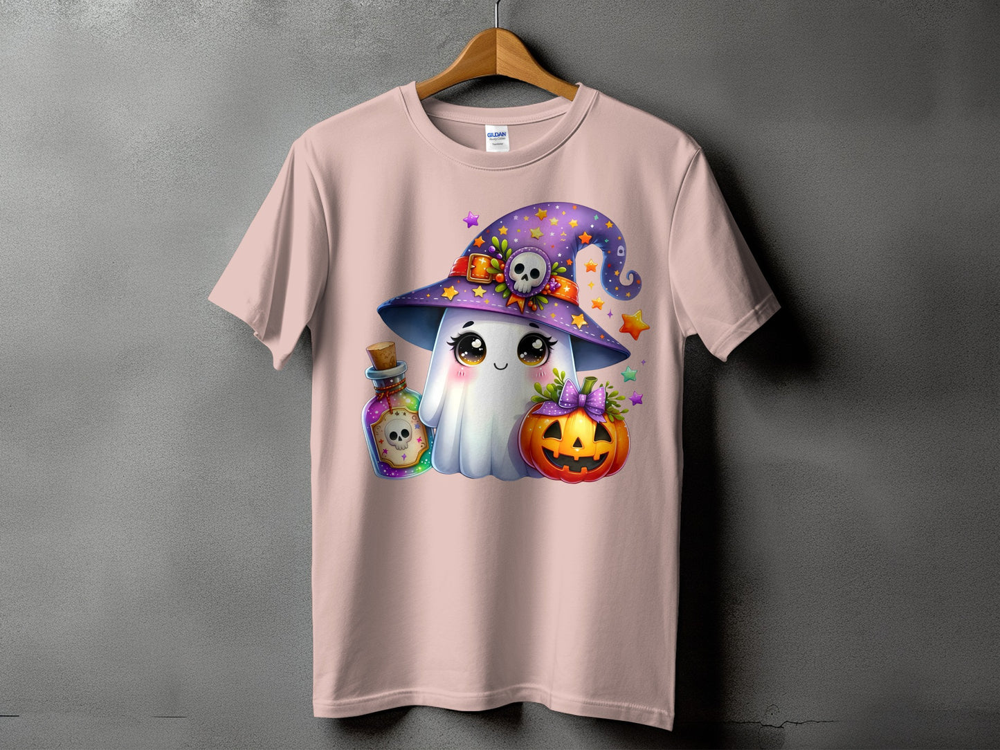 Ghost wearing a witch hat with pumpkin, potion bottle, and stars.