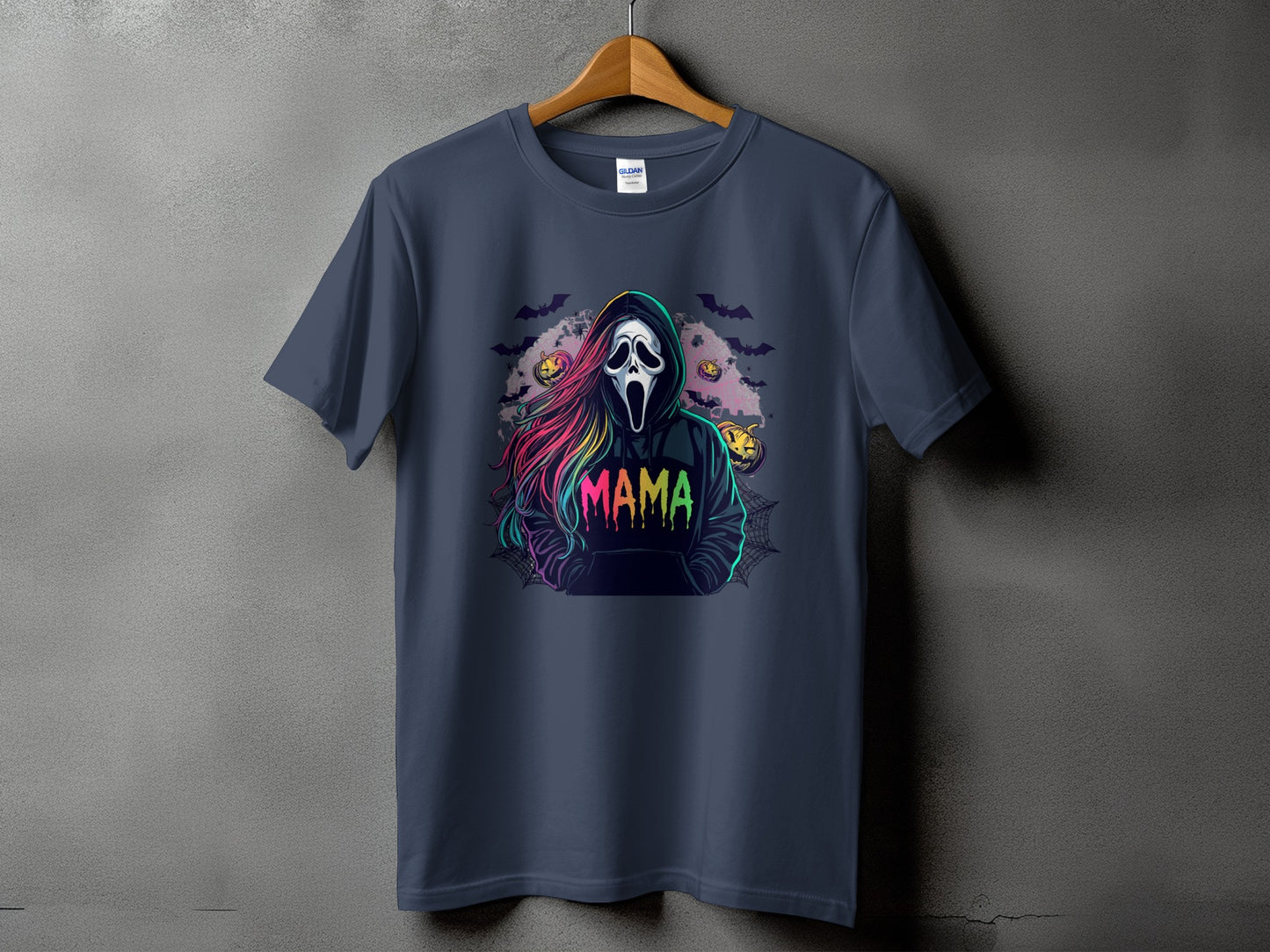 Navy t-shirt with Ghostface mask and "MAMA" text with Halloween theme.