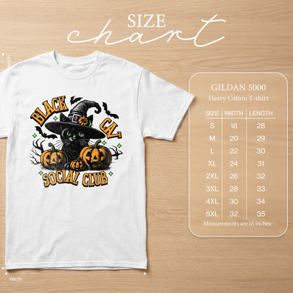 White Gildan 5000 heavy cotton t-shirt with black cat graphic and size chart.