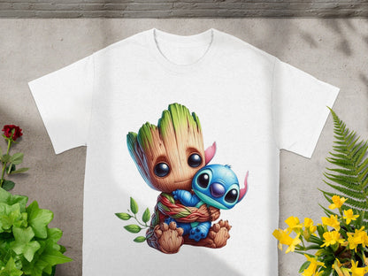 Groot hugging Stitch on white t-shirt with green plants and yellow flowers.