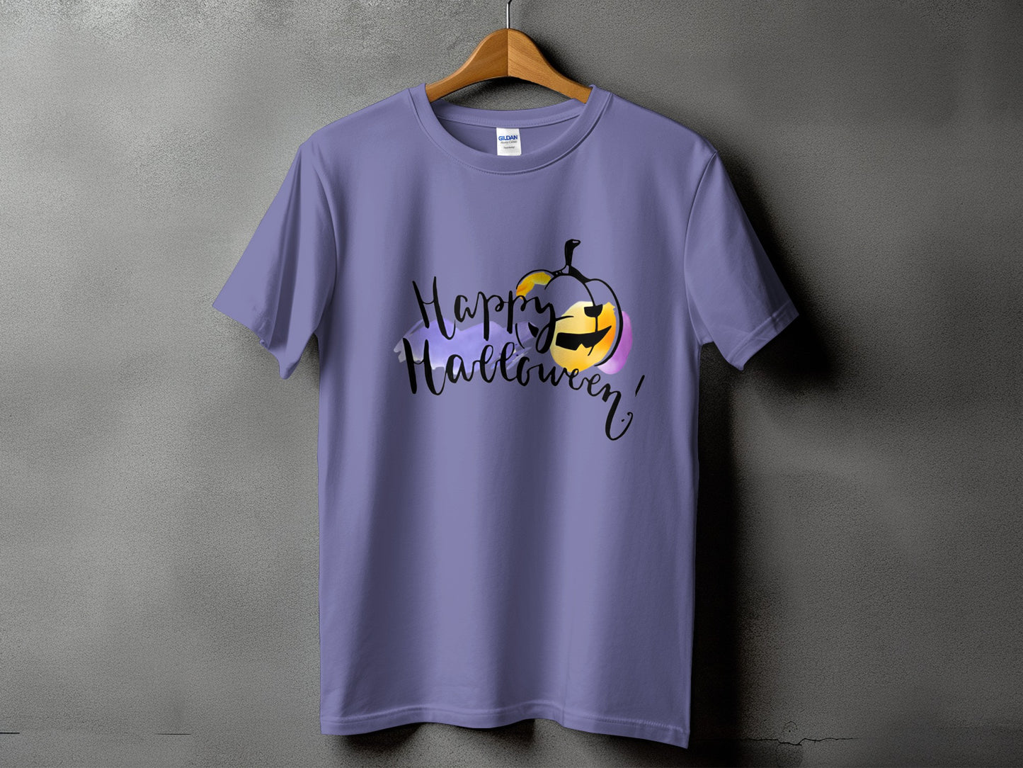 Purple t-shirt with black "Happy Halloween!" text and a colorful pumpkin graphic.