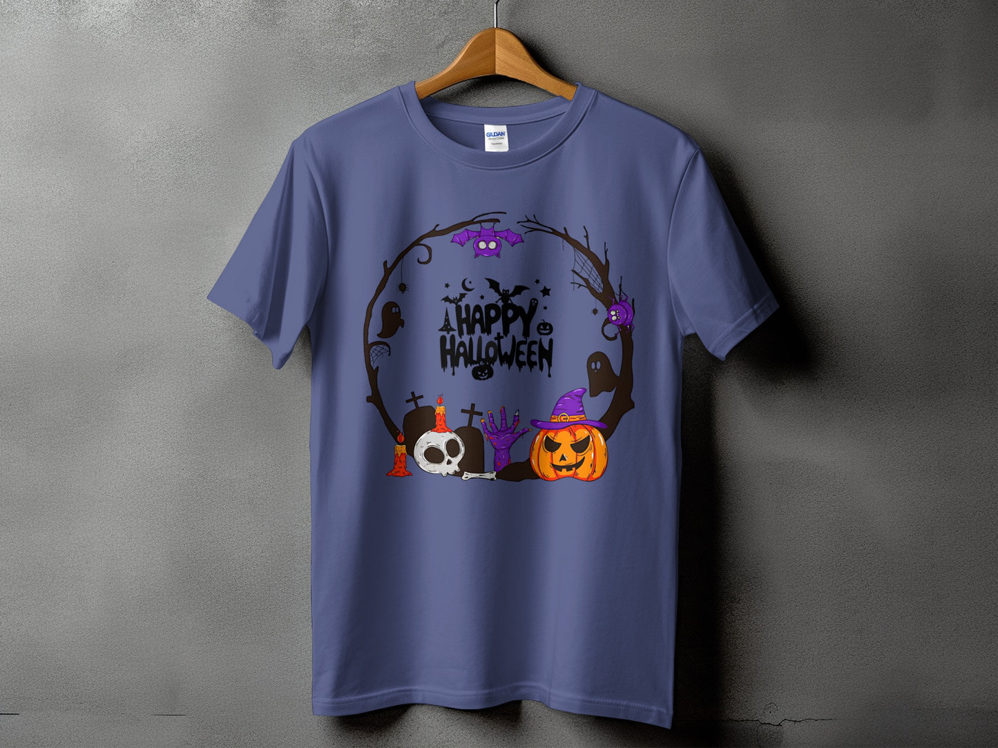 Purple t-shirt with a circular Halloween graphic featuring a pumpkin, skull, and text.