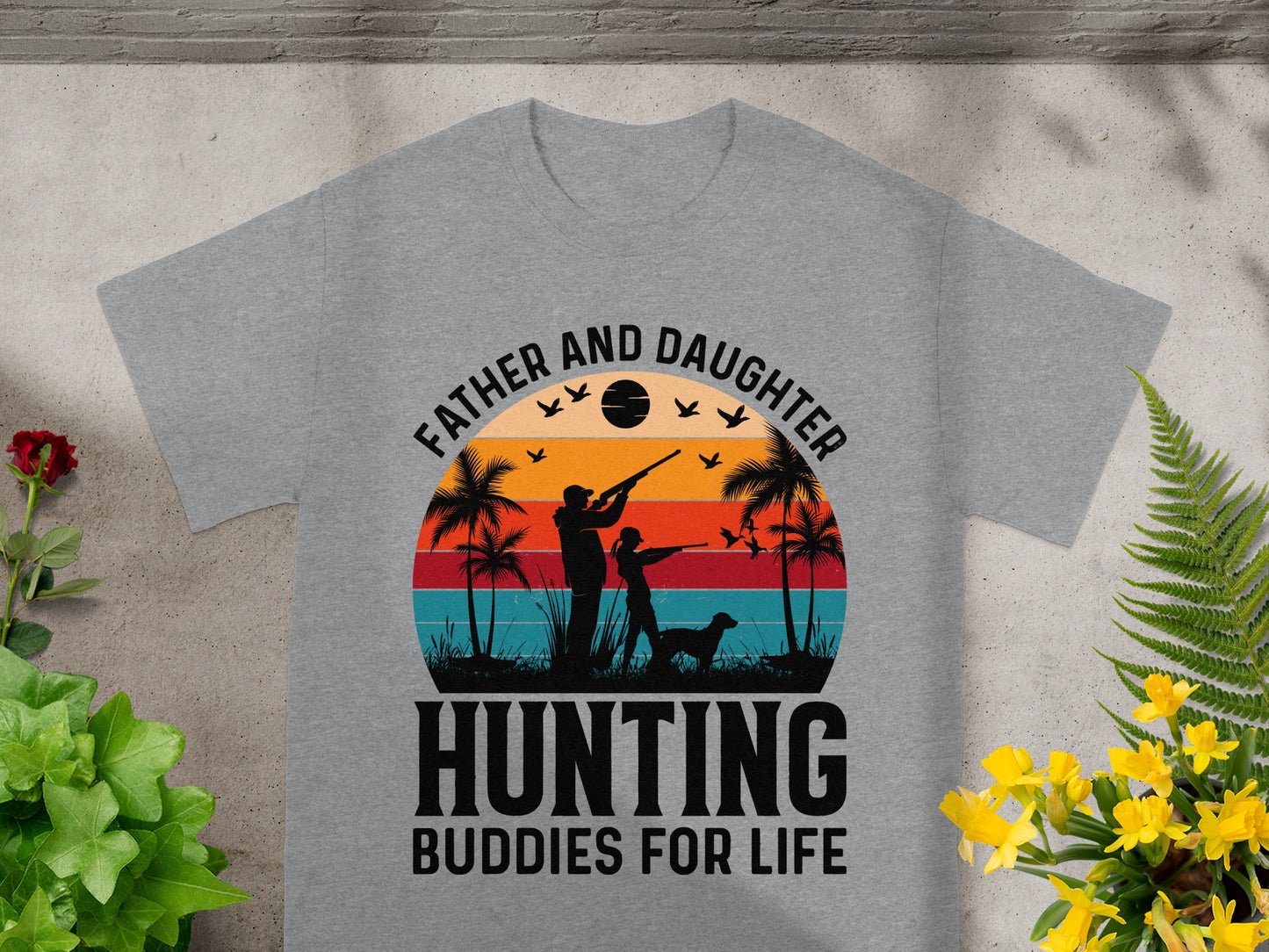 Father and daughter hunting buddies design with sunset, palm trees, and dog.
