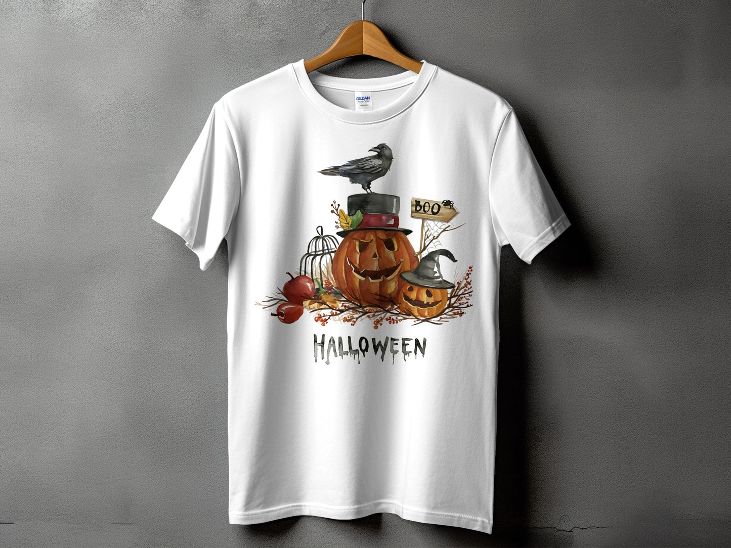 White t-shirt with Halloween pumpkins, crow, and "Halloween" text graphic.