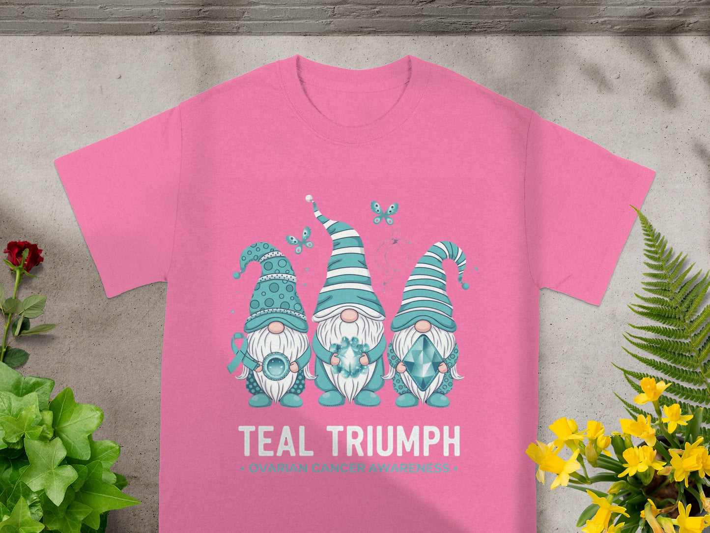 Teal Triumph Ovarian Cancer Awareness Gnome Shirt