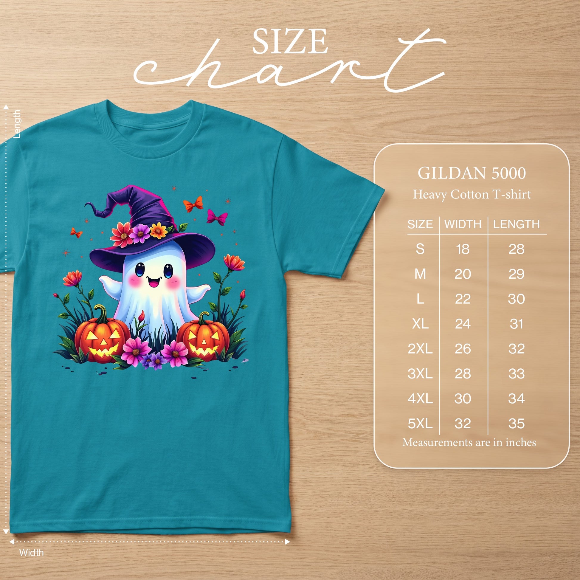 Teal t-shirt with cute ghost, pumpkins, and flowers design with size chart.