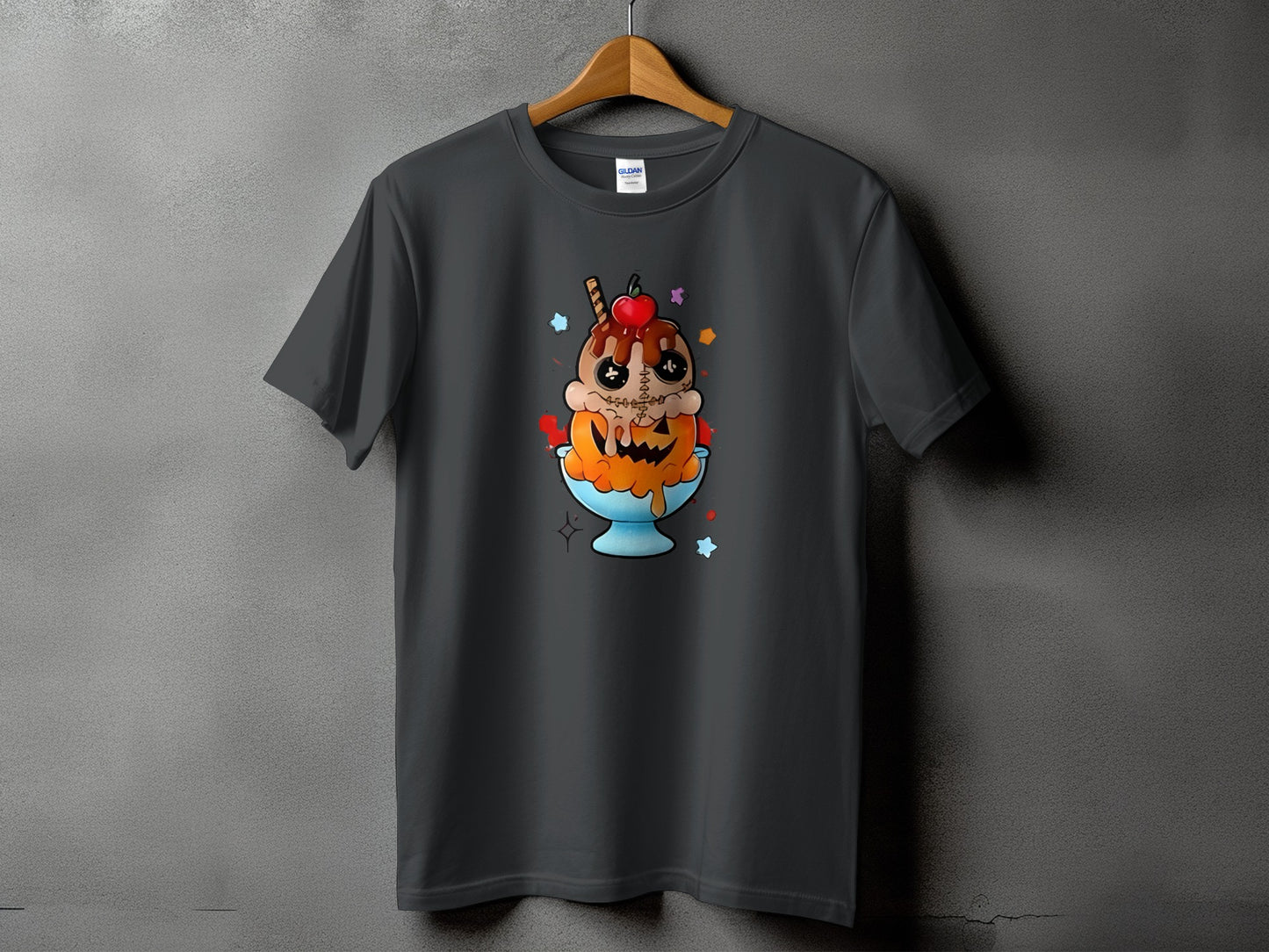 Dark gray t-shirt featuring a cartoon ice cream sundae with a jack-o'-lantern face.