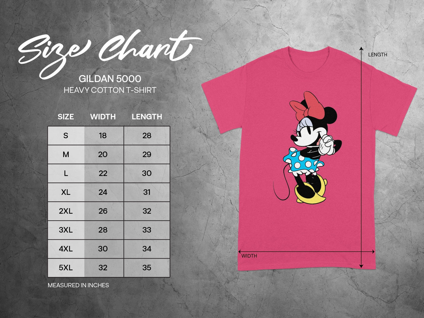 GILDAN 5000 Minnie Mouse Pink T-SHIRT Size Chart product type