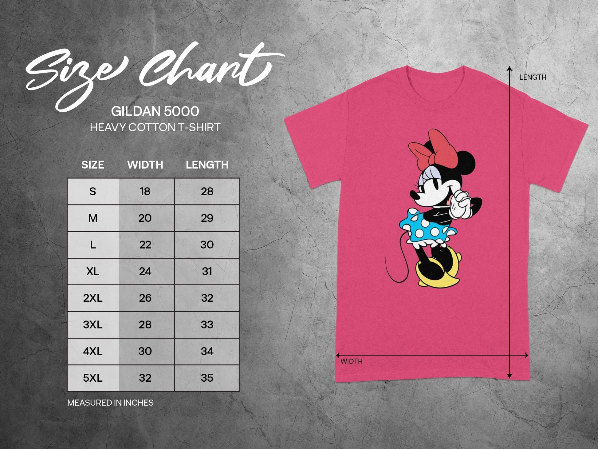 GILDAN 5000 Minnie Mouse Pink T-SHIRT Size Chart product type