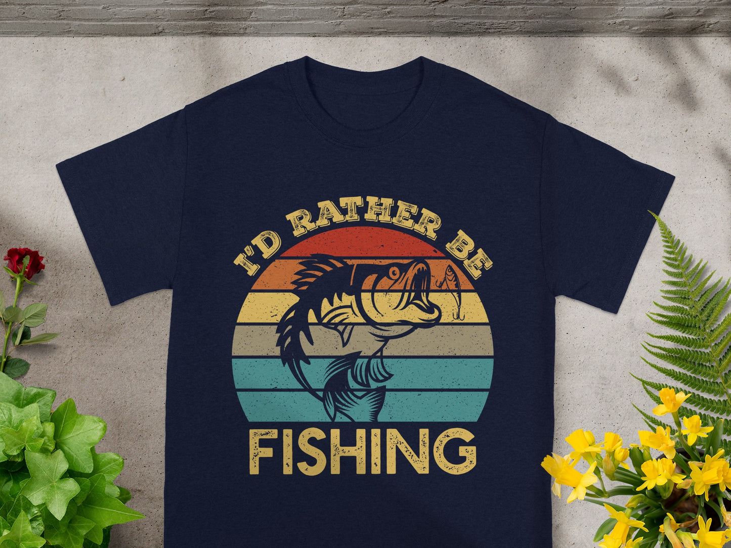 Dark blue t-shirt with retro "I'd Rather Be Fishing" graphic and bass fish.
