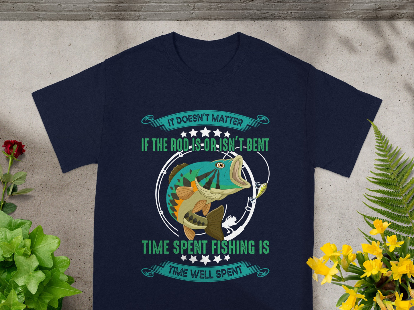 Navy t-shirt with a graphic of a jumping fish and fishing text.