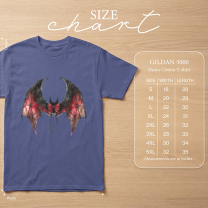 Purple Gildan 5000 t-shirt with bat wings graphic and size chart.