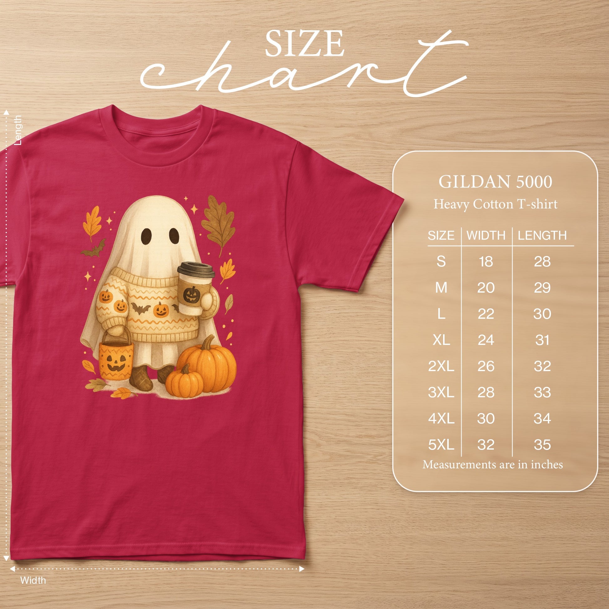 Ghost with pumpkin sweater, coffee, and pumpkins, with Gildan 5000 size chart.