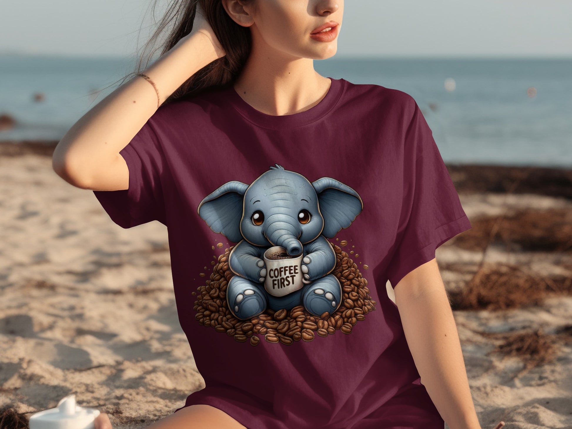 Cute Elephant Coffee First Graphic T-Shirt Design