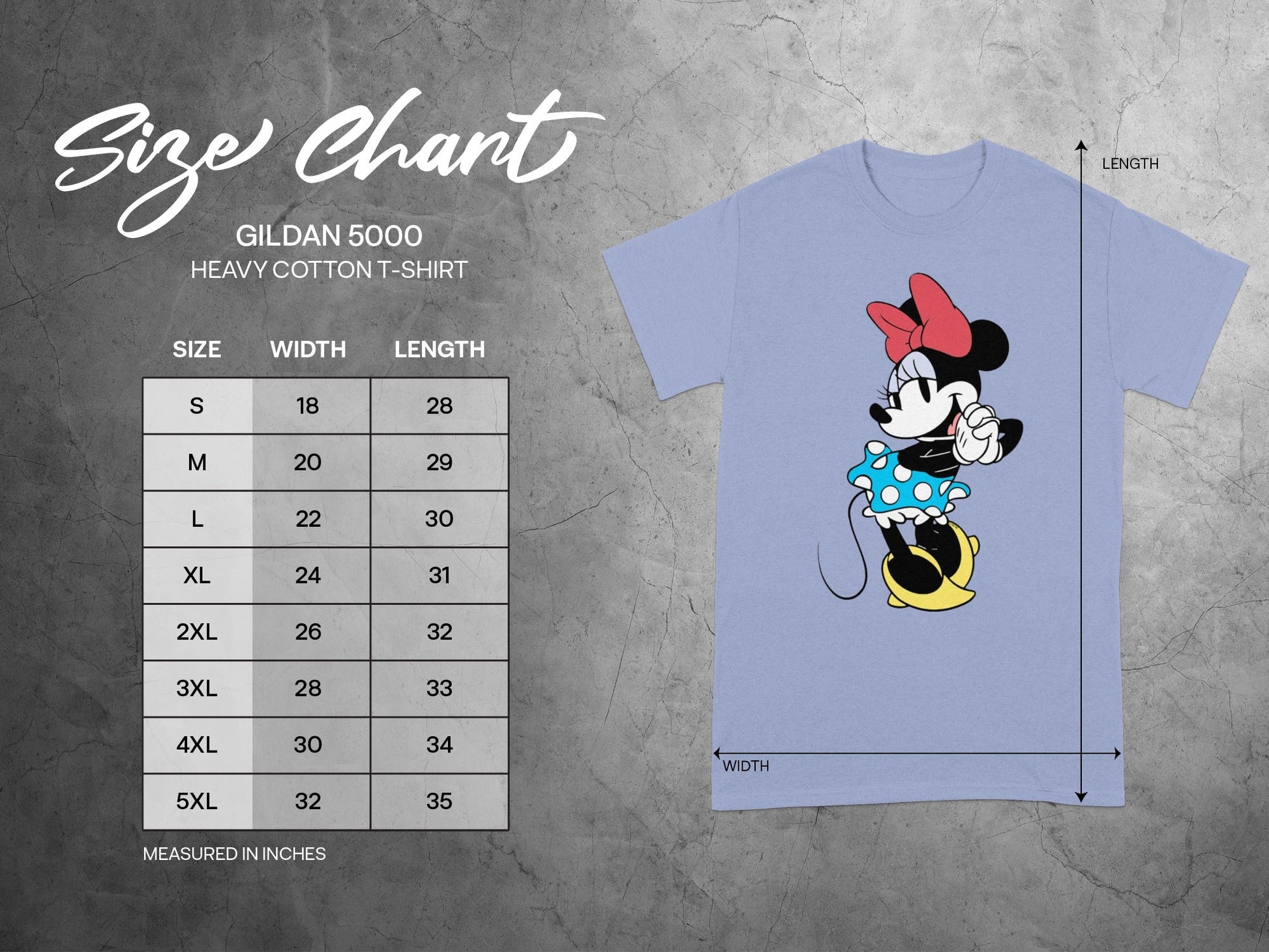 Gildan 5000 T-Shirt Minnie Mouse Design Size Chart product type