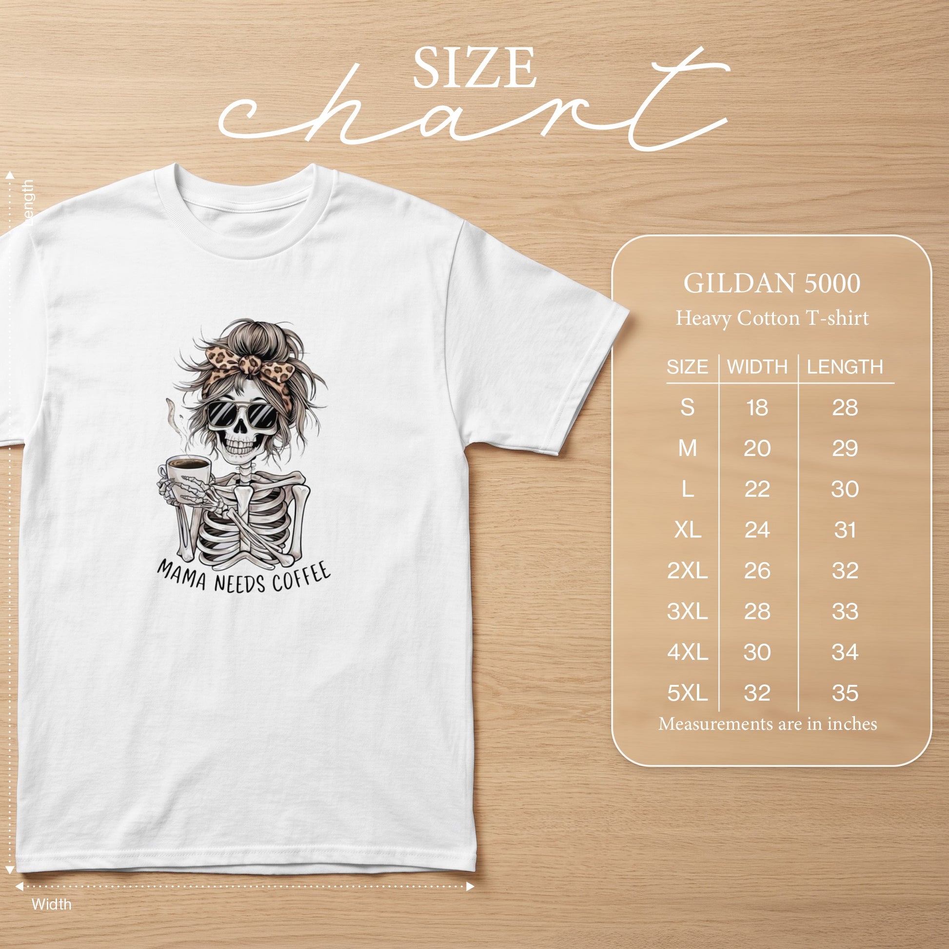 White t-shirt with skeleton graphic and "Mama Needs Coffee" text. Size chart included.