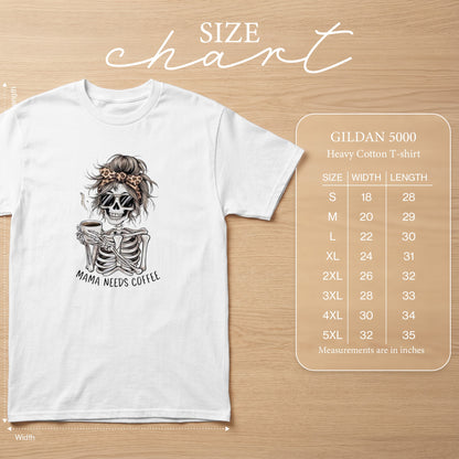 White t-shirt with skeleton graphic and "Mama Needs Coffee" text. Size chart included.