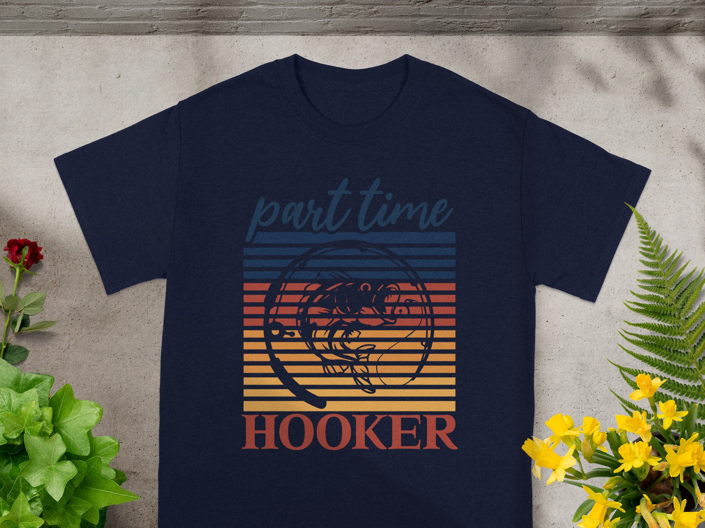Navy t-shirt with "part time HOOKER" text and a fish in a circle graphic.