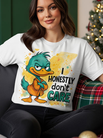 T-shirt with cartoon duck wearing a robe, arms crossed, and text "I HONESTLY DON'T CARE".