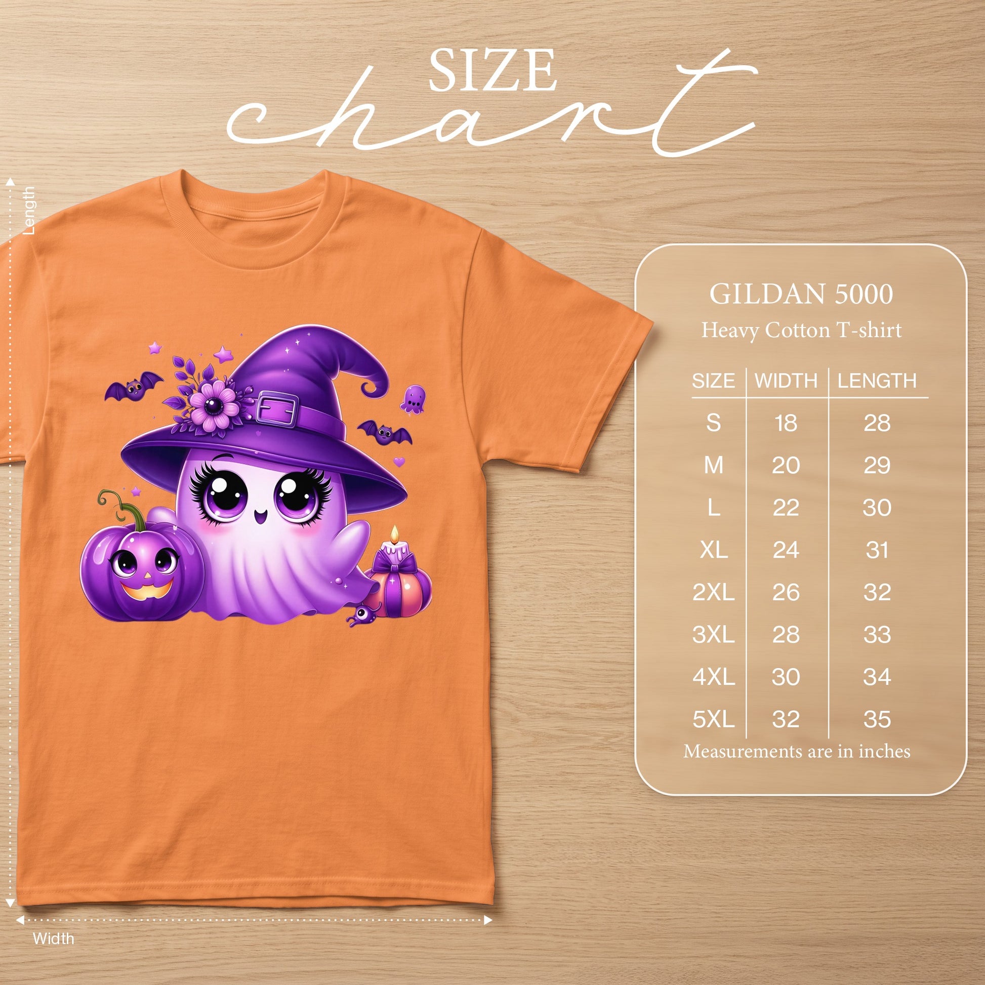 Orange t-shirt with a cute ghost wearing a witch hat and holding a pumpkin. Size chart included.