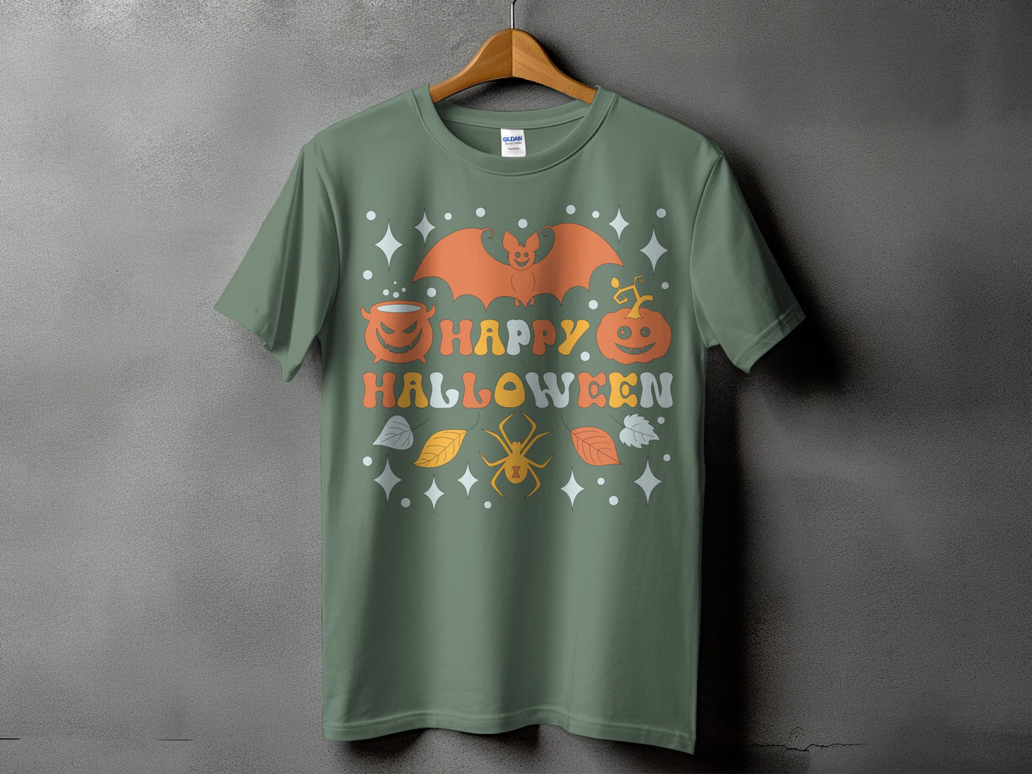 Green t-shirt with "Happy Halloween" text and a retro-style bat and spider graphic.