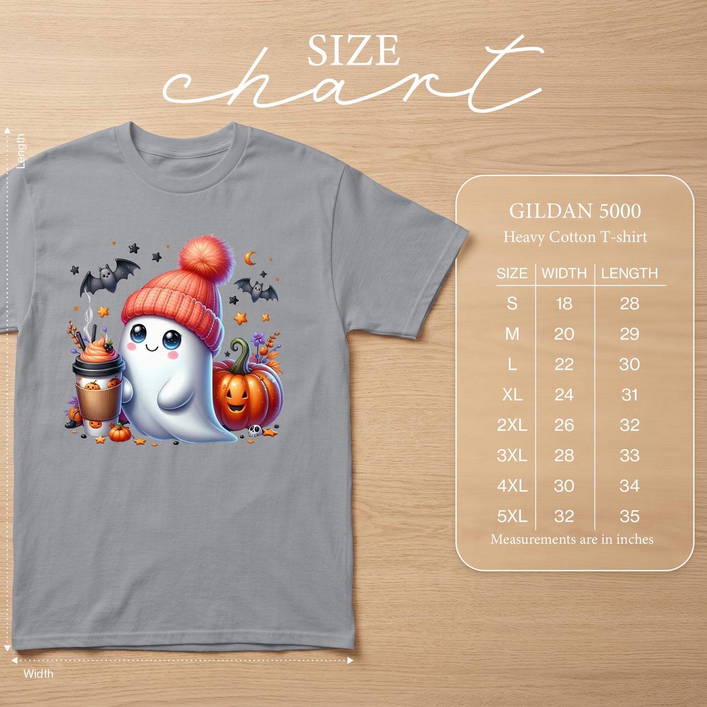 Grey Gildan 5000 Heavy Cotton T-shirt with cute Halloween ghost graphic and size chart.