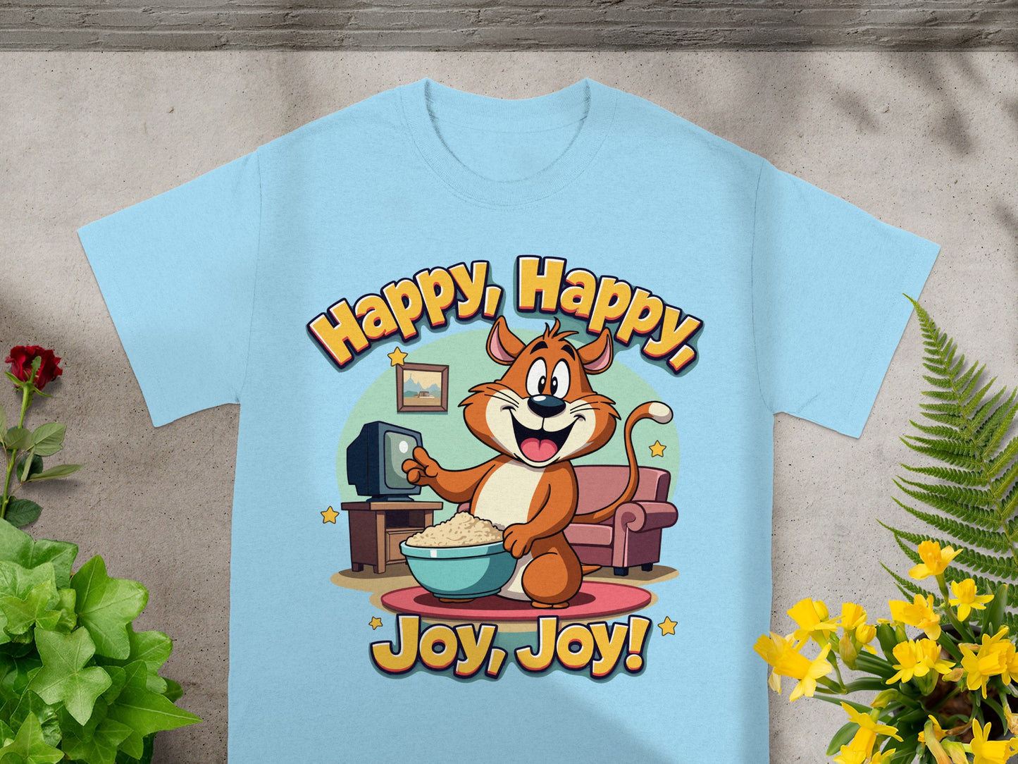 Cartoon cat with popcorn watching TV on blue t-shirt with text "Happy, Happy, Joy, Joy!"