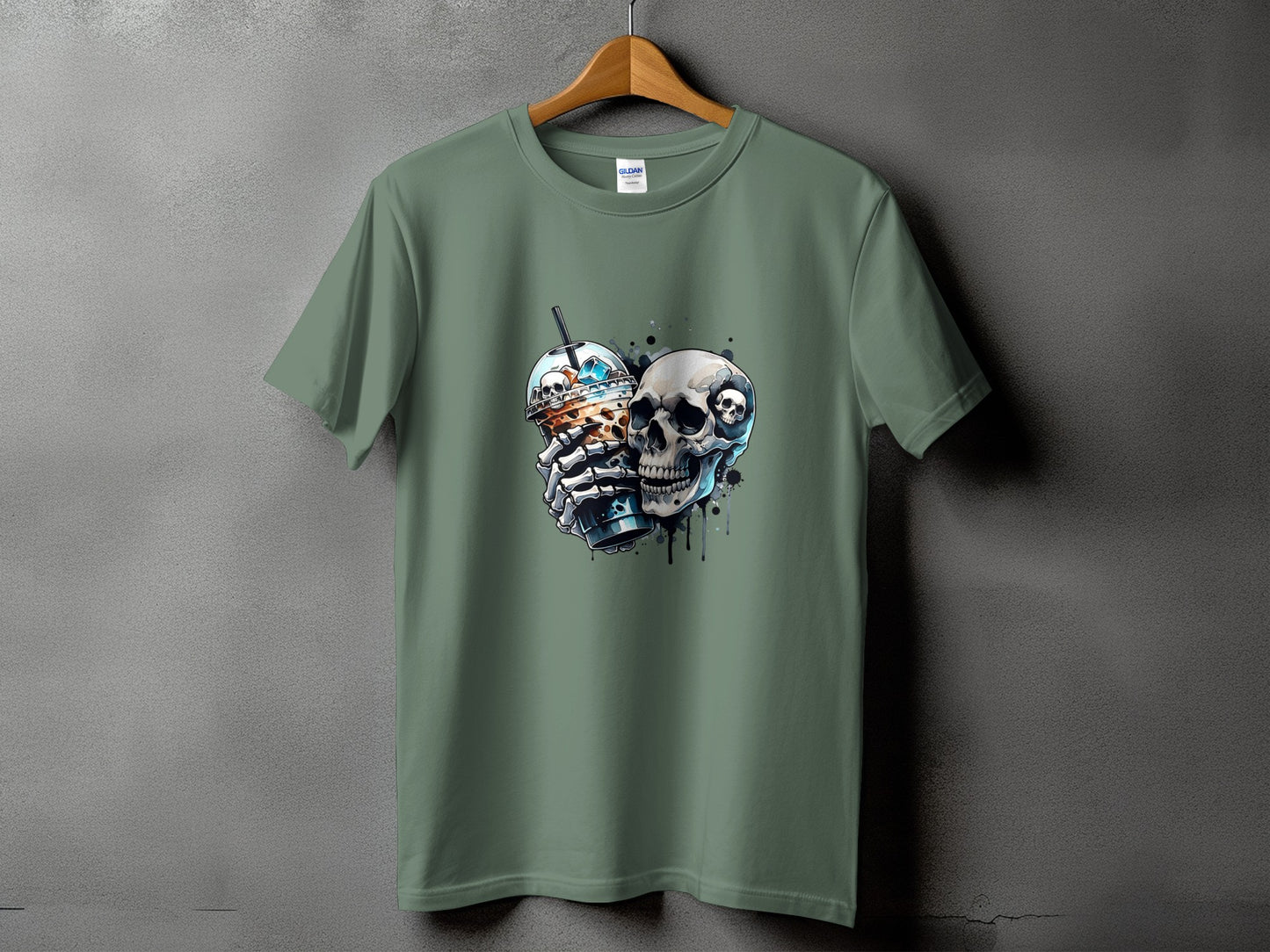 Green t-shirt with graphic of skulls holding a coffee drink.