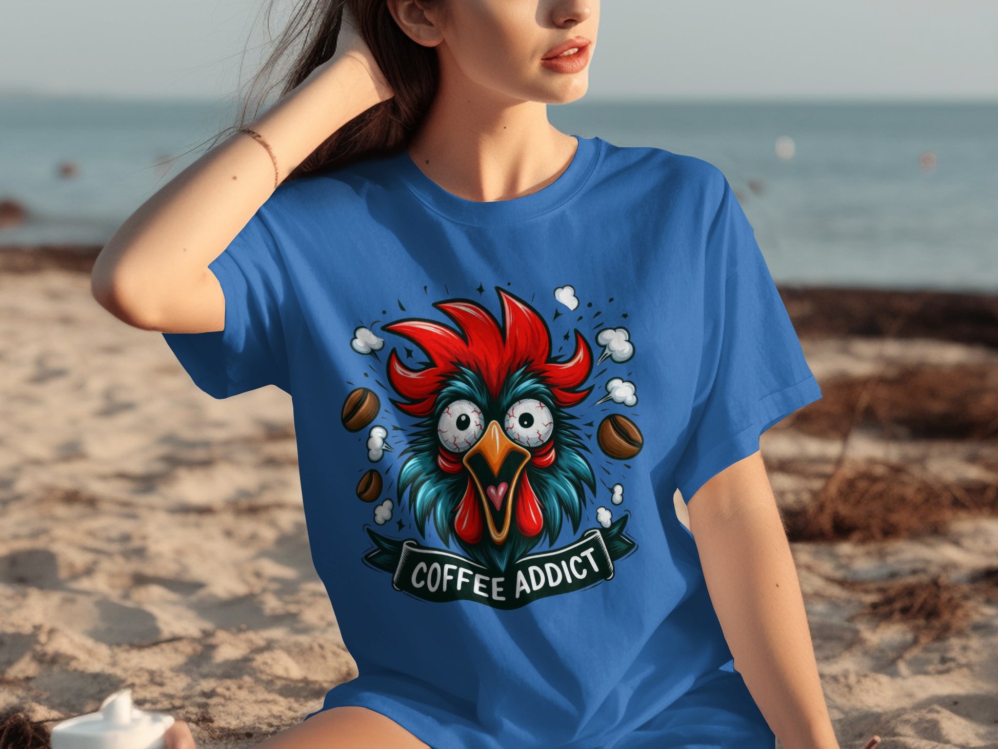 Coffee Addict Rooster Graphic Design T-Shirt