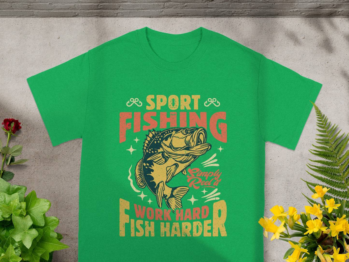 Green t-shirt with "Sport Fishing" and "Work Hard, Fish Harder" text.
