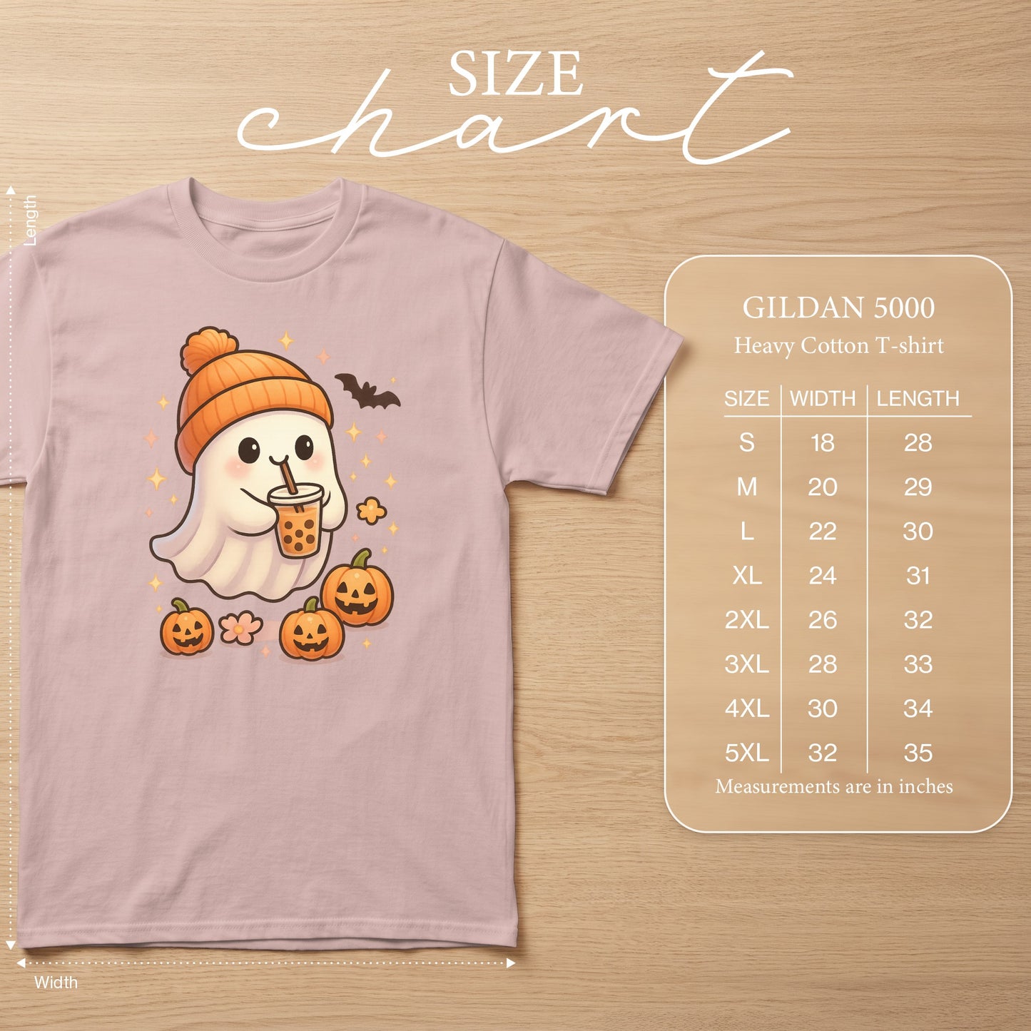 Pink Gildan 5000 t-shirt with cute ghost, pumpkins, and boba tea graphic.